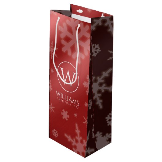 Festive Red Foil Snowflakes Monogram Name Wijn Cadeautas (Voorkant Gekanteld)