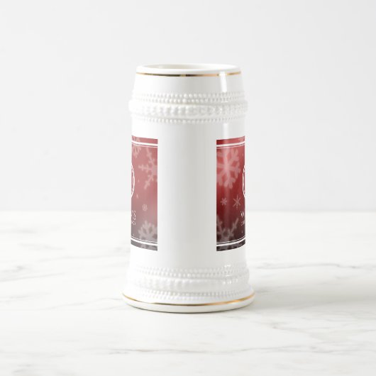 Festive Red Folie Snowflakes Monogram Naam Bierpul (Center)