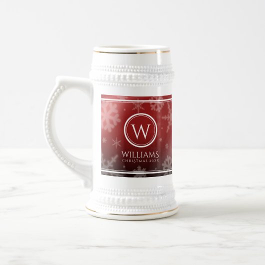 Festive Red Folie Snowflakes Monogram Naam Bierpul (Links)