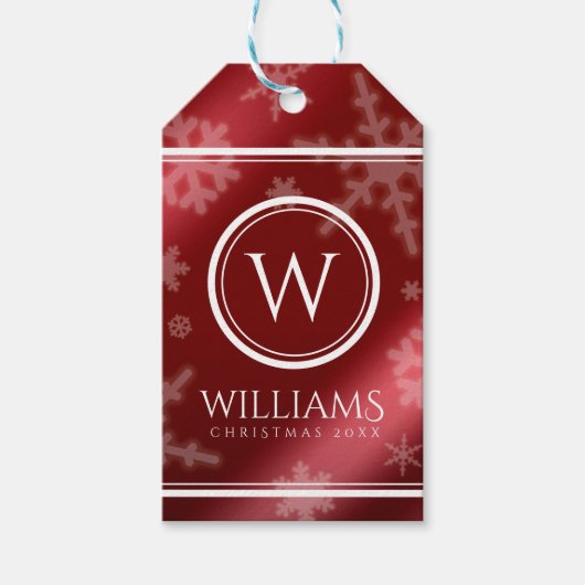 Festive Red Folie Snowflakes Monogram Naam Cadeaulabel (Voorkant)
