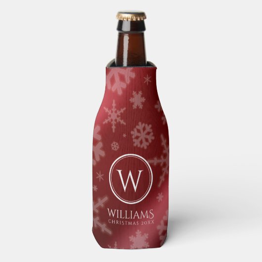 Festive Red Folie Snowflakes Monogram Naam Flesjeskoeler (Fles Voorkant)