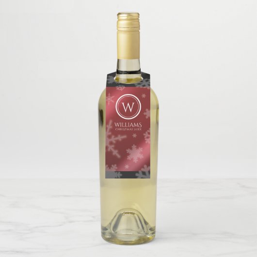 Festive Red Folie Snowflakes Monogram Naam Flessenhanger (Op fles)