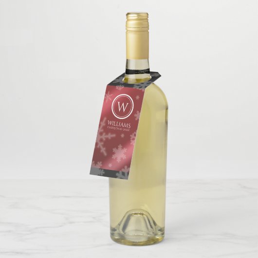 Festive Red Folie Snowflakes Monogram Naam Flessenhanger (Schuin)