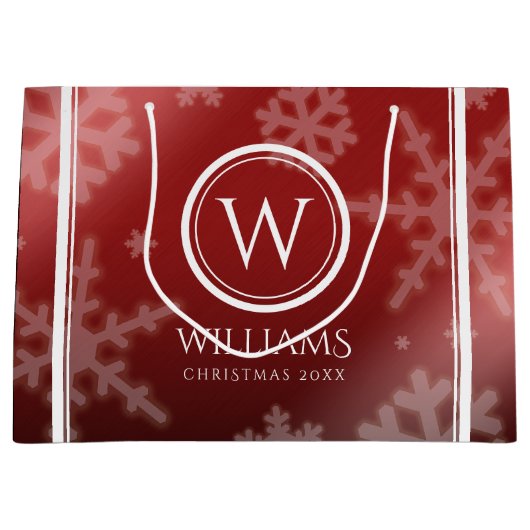 Festive Red Folie Snowflakes Monogram Naam Groot Cadeauzakje (Voorkant)