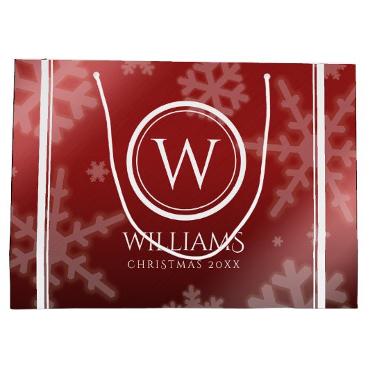 Festive Red Folie Snowflakes Monogram Naam Groot Cadeauzakje (Achterkant)