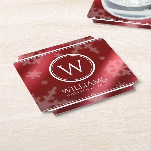 Festive Red Folie Snowflakes Monogram Naam Kartonnen Onderzetters (Gekanteld)