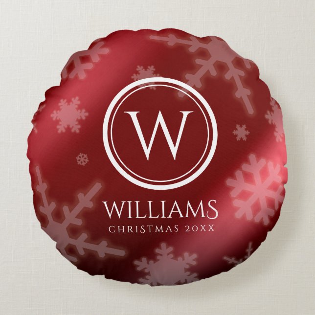 Festive Red Folie Snowflakes Monogram Naam Rond Kussen (Voorkant)