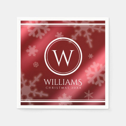 Festive Red Folie Snowflakes Monogram Naam Servet (Voorkant)