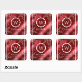 Festive Red Folie Snowflakes Monogram Naam Vierkante Sticker (Vel)