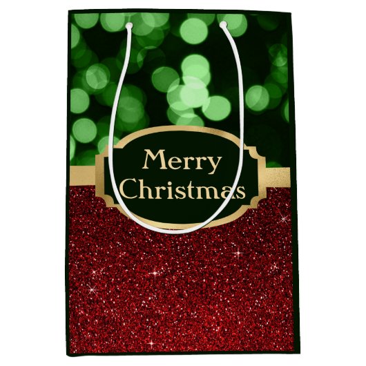 Festive Red Glitter en Green Bokeh Kerstmis Medium Cadeauzakje (Voorkant)