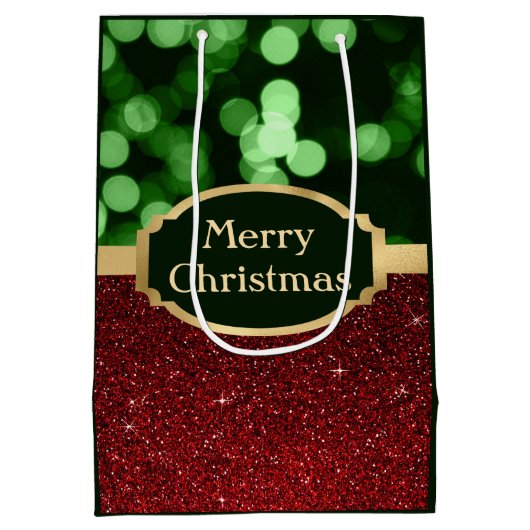 Festive Red Glitter en Green Bokeh Kerstmis Medium Cadeauzakje (Achterkant)