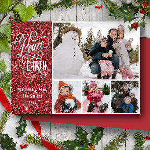 Festive Red Glitter Peace on Earth - Kerstmis Feestdagenkaart