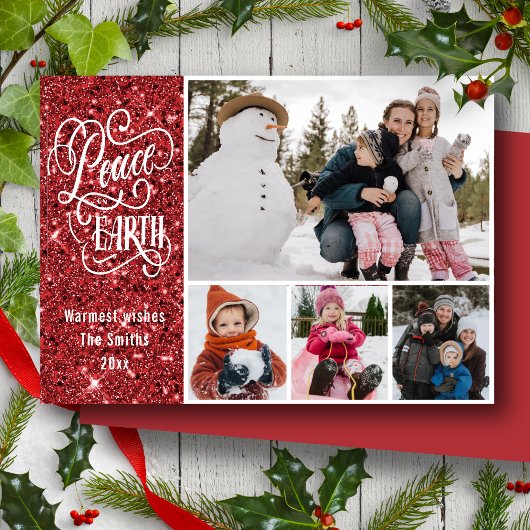 Festive Red Glitter Peace on Earth - Kerstmis Feestdagenkaart