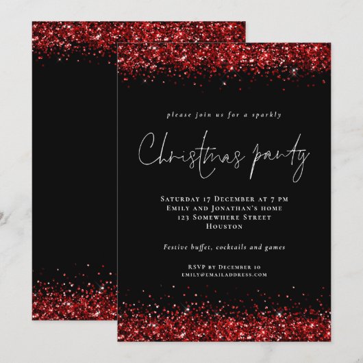 Festive Red Glitter Script Kerstparty Black Kaart (Voorkant / Achterkant)