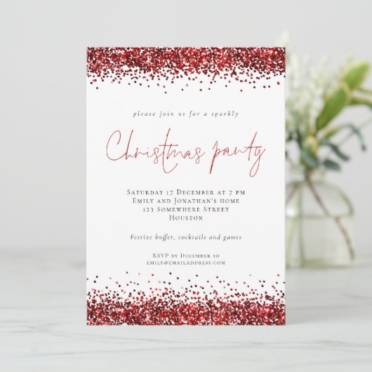 Festive Red Glitter Script Kerstparty Kaart (Staand voorkant)