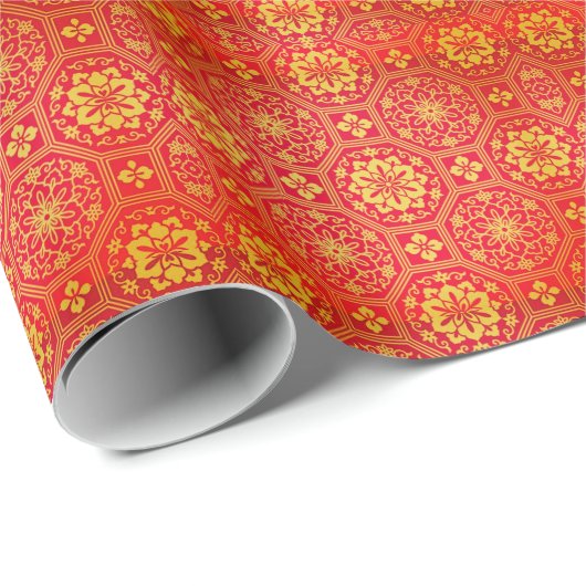 Festive Red Gold Chinese Auspicious Pattern Cadeaupapier (Rol Hoek)