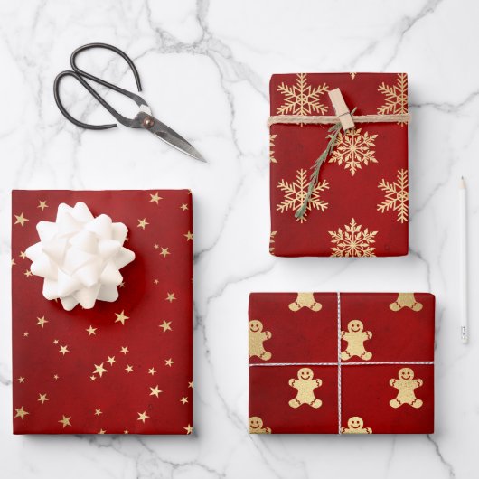 Festive Red & Gold Foil Winter Kerstpatronen Inpakpapier Vel (Voorkant)