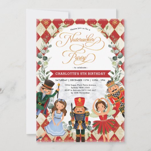 Festive Red Gold Nutcracker Party Birthday Kaart (Voorkant)