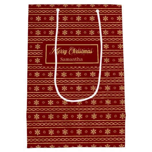 Festive Red Gold Personalized Holiday Gift Bag Medium Cadeauzakje (Achterkant)