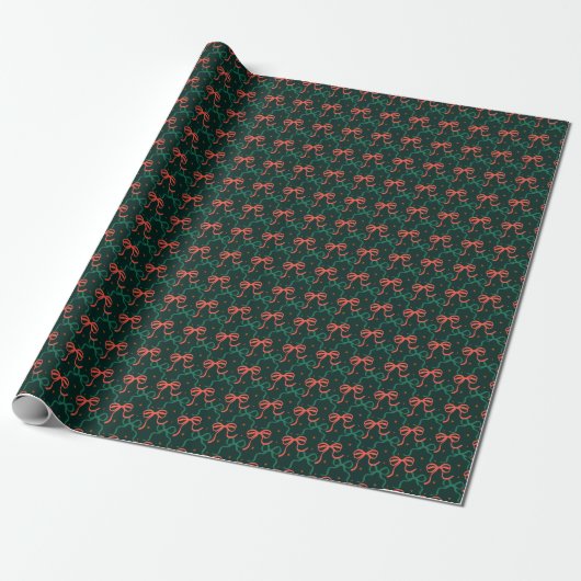 Festive Red & Green Coquette Bows Pattern Cadeaupapier (Uitgerold)