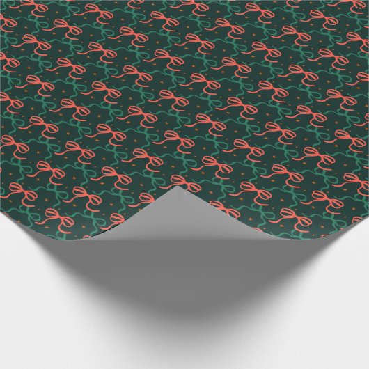 Festive Red & Green Coquette Bows Pattern Cadeaupapier (Hoek)
