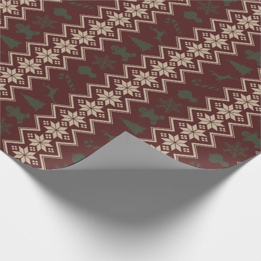 Festive Red, Green & Cream Cozy-kerstpatroon Cadeaupapier (Hoek)