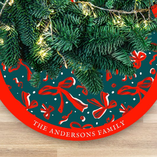 Festive Red & Green Hand Drawn Bows and Ribbons Fleece Kerstboom Rok