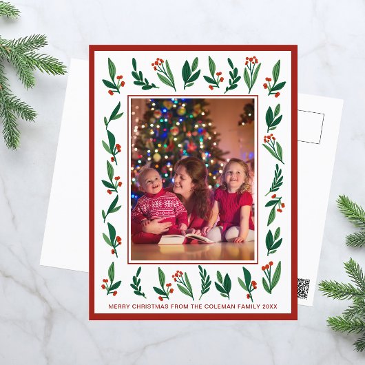 Festive Red Green Holly Berries kerstfoto Briefkaart