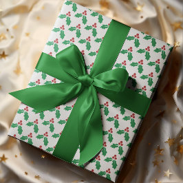 Festive Red Green Holly Leaves Berries Holiday  Cadeaupapier