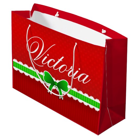 Festive Red Green-kerstontwerp - Aangepaste naam Large Cadeautasje (Achterkant Gekanteld)