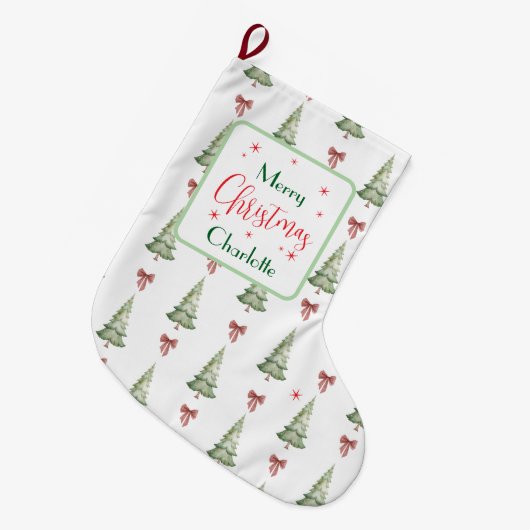 Festive Red Green Merry Christmas Name Stocking Grote Kerstsok (Voorkant (Hangend))