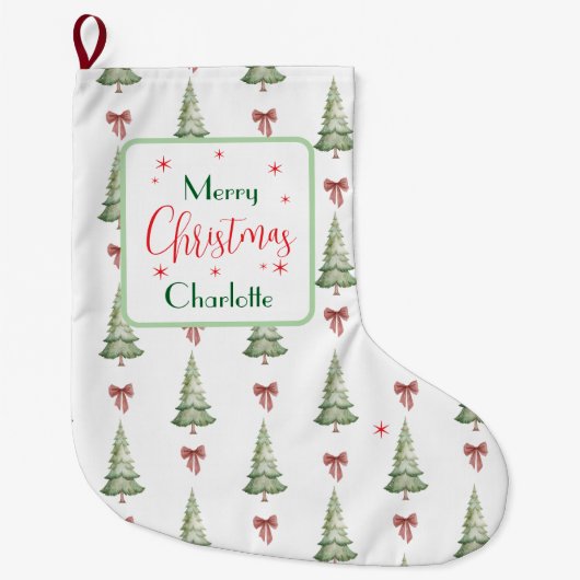 Festive Red Green Merry Christmas Name Stocking Grote Kerstsok (Voorkant)