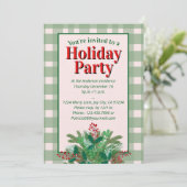 Festive red  & green plaid holiday party kaart (Staand voorkant)
