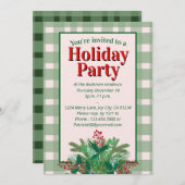 Festive red  & green plaid holiday party kaart (Voorkant / Achterkant)