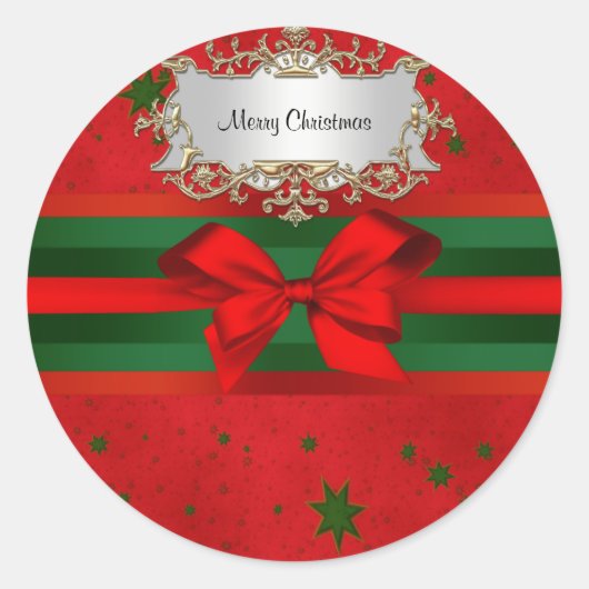 Festive Red Green Stars Bow Ribbon Kerstmis Ronde Sticker (Voorkant)