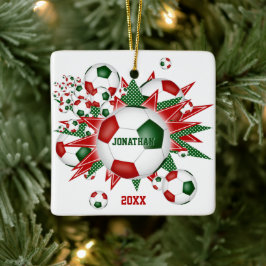 Festive red green voetbal blowout jongens meisjes keramisch ornament