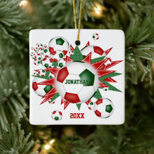 Festive red green voetbal blowout jongens meisjes keramisch ornament