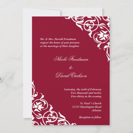 Festive red hoek scroll script elegant bruiloft kaart (Voorkant)
