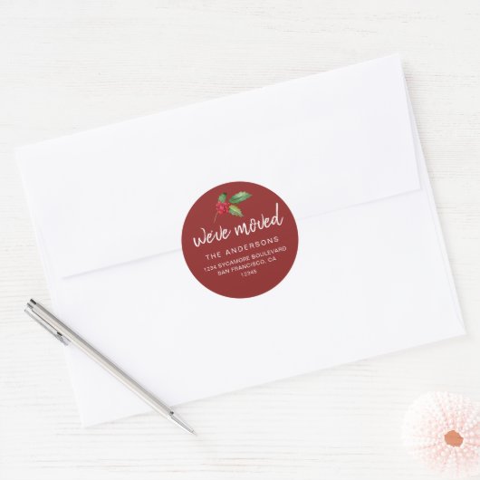 Festive Red Holly We’ve Moved Holiday Ronde Sticker (Envelop)