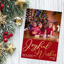 Festive Red Joyful wil kerstfoto Gold Folie Feestdagenkaart