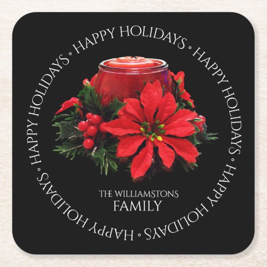 Festive Red-kerstkaarle Holly Poinsettias Kartonnen Onderzetters (Voorkant)