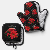 Festive Red-kerstkaarle Holly Poinsettias Ovenwant & Pannenlap Set (Voorkant / Achterkant)