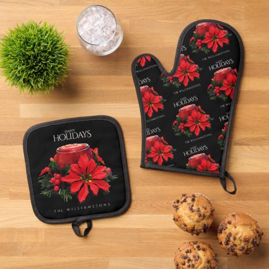 Festive Red-kerstkaarle Holly Poinsettias Ovenwant & Pannenlap Set (Top down)
