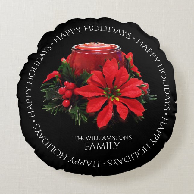 Festive Red-kerstkaars, Holly en Poinsettia Rond Kussen (Voorkant)