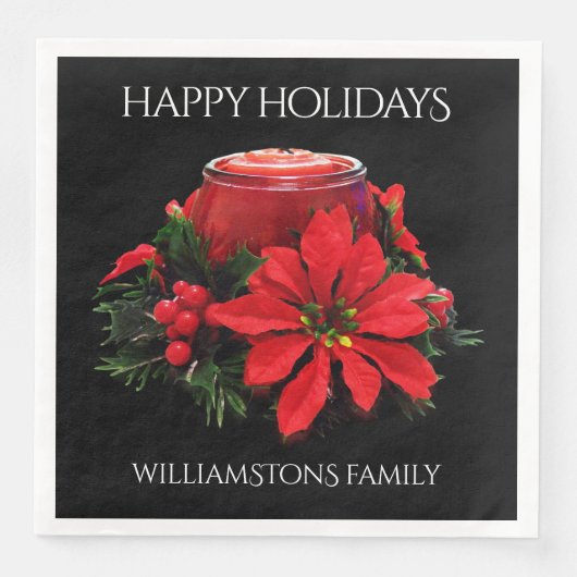 Festive Red-kerstkaars, Holly en Poinsettia Servetten (Voorkant)