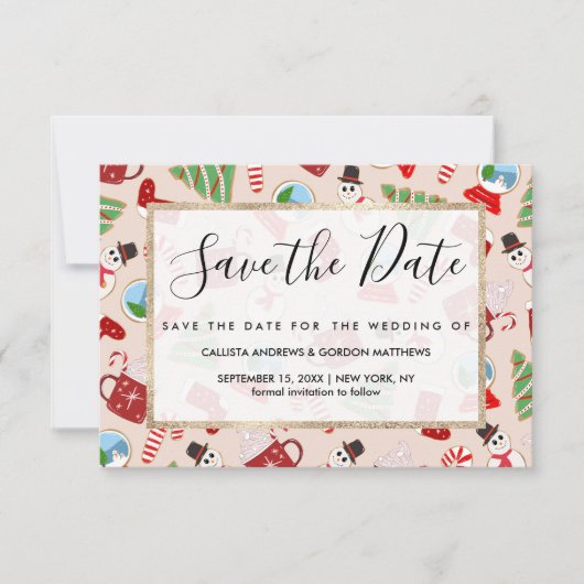 Festive Red Kerstkoekje Illustratiepatroon Save The Date (Voorkant)