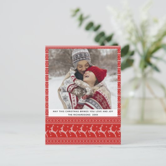 Festive Red Kerstmis Ugly Sweater Nordic Reindeer Feestdagenkaart (Staand voorkant)