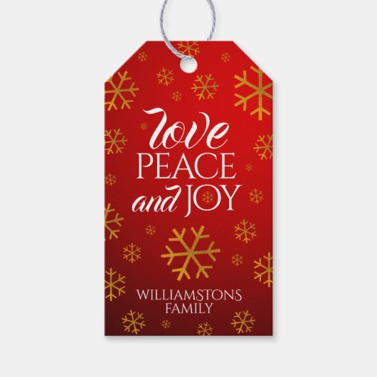 Festive Red Love, Peace and Joy with Snowflakes Cadeaulabel (Voorkant)