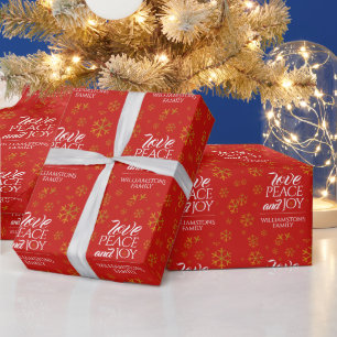 Festive Red Love, Peace and Joy with Snowflakes Cadeaupapier