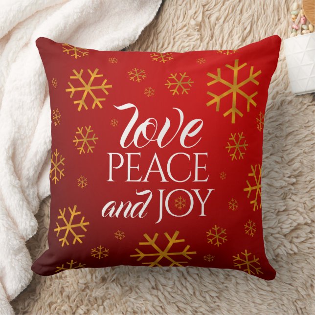 Festive Red Love, Peace and Joy with Snowflakes Kussen (Deken)